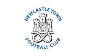 Newcastle Town Football Club logo featuring a blue and white castle illustration above a Staffordshire knot.