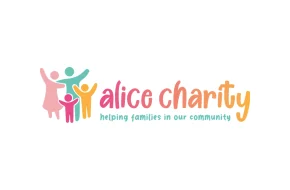 Alice Charity logo with colorful abstract icons of a family and the slogan helping families in our community.